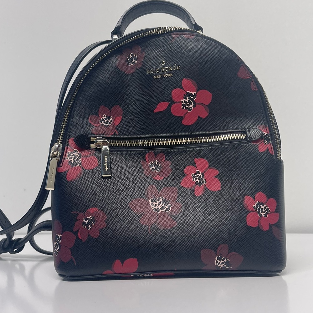 Kate Spade Black Backpack with Red Floral Pattern